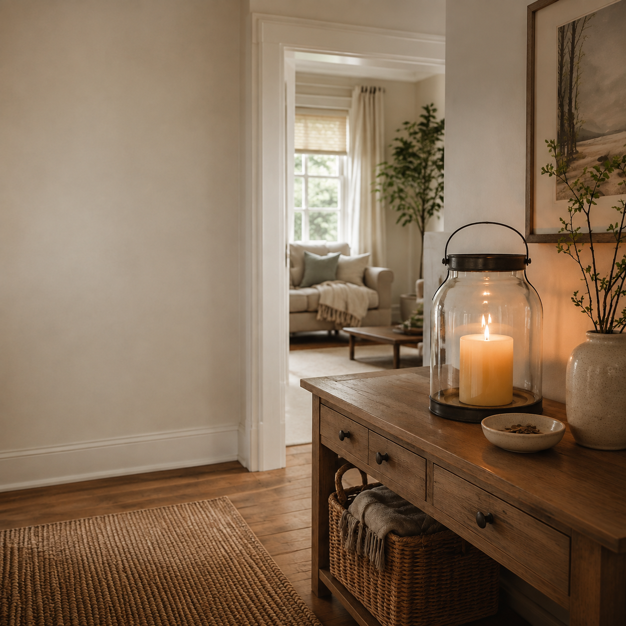 Warm candle lantern on a wooden console table in a cozy, light-filled home